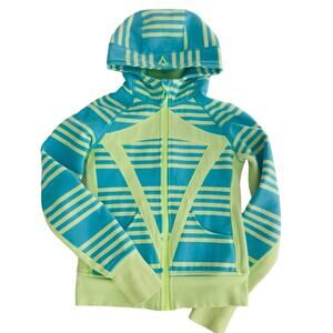 Ivivva by Lululemon Girls Scuba Hoodie Fleece Jacket Size 12 Green Blue Stripe